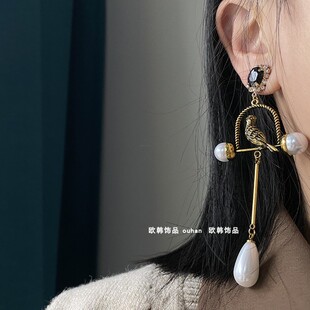 欧韩饰品长款鸟笼珍珠中古设计感高级耳饰欧洲站小众大耳环耳夹