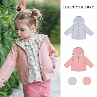 happyology英国儿童两面，穿女童上衣秋冬装童装拉链，连帽衫男童外套