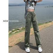 军绿色工装裤女2024春装薄款美式hiphop嘻哈宽松直筒牛仔裤潮