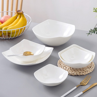 景德镇骨瓷餐具创意家居，纯白简约碗汤碗，沙拉碗大小号翘角碗