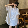 韩国2024夏季白色短袖衬衫女宽松大码胖mm慵懒风中长款设计感衬衣