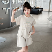 女童新中式短袖短裤两件套2024女大童宽松夏装中国风运动套装