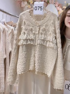春秋季女装韩版宽松显瘦甜美针织蕾丝拼接外套，高级感名媛毛衣开衫