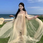 超仙女新中式国风抹胸，连衣裙一字肩飘逸纱网甜美海边度假沙滩长裙