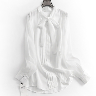 白色褶皱立领蝴蝶结系带春季长袖百搭气质时髦女衬衫衬衣N738