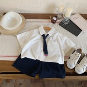 儿童套装2024夏款男中小童，学院风领结白色，衬衫两件套短袖衬衣套潮