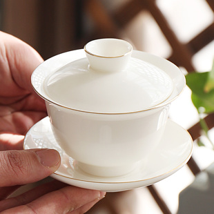 羊脂玉白瓷单个盖碗茶杯陶瓷茶具大号泡茶器家用功夫三才茶碗套装