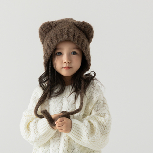 儿童帽子秋冬季女童毛线，帽宝宝护耳帽，可爱小熊毛绒针织帽男童冬款
