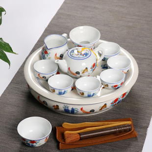 中式家用鸡缸杯茶具套装仿古大明成化斗彩茶杯陶瓷茶盘茶壶礼盒装
