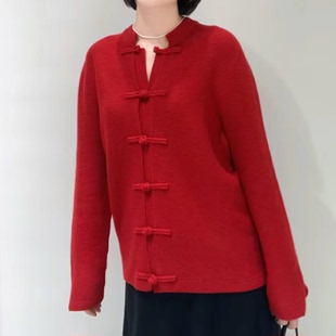 老猫家新中式纯羊绒开衫，秋冬新年喜庆盘扣，正红长袖宽松针织毛衣