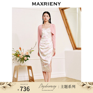 maxrieny欧式复古浪漫花朵吊带，连衣裙修身显瘦开叉印花雪纺裙子