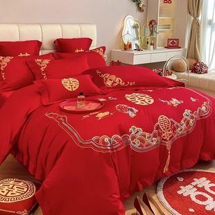 中式刺绣结婚四件套大红婚房被套纯棉全棉高档婚庆床上用品六件套