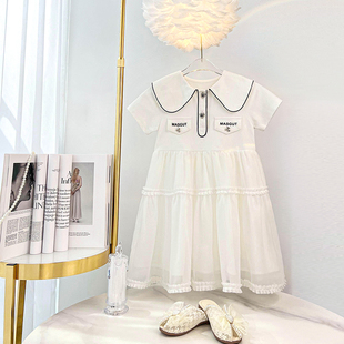 气贝贝女童娃娃领白色连衣裙夏季儿童网纱拼接儿童公主裙纱裙子