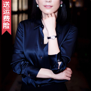 重磅真丝衬衫女长袖宽松纯色弹力缎桑蚕丝上衣春秋装高端打底衬衣