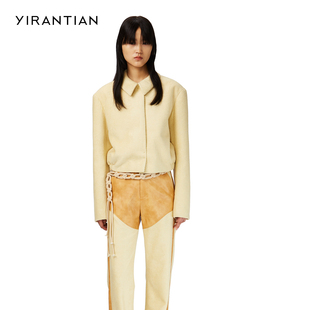 yirantian春夏米黄色女装时尚，休闲翻领羊毛短款夹克，外套上衣