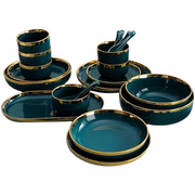 直供祖母绿餐具套装轻奢网红碗筷勺家用陶瓷金边盘碗碟盘子菜盘子