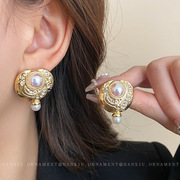 银针镶钻珍珠复古耳环宫廷，高级感轻奢耳钉，法式气质时尚耳饰女