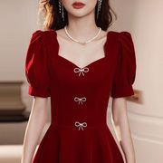 2023夏季蝴蝶结红色连衣裙女棉质显瘦小个子短袖时尚大码长裙