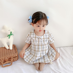 2024韩版夏季婴儿童格子短袖三角爬服女宝宝公主哈裙连衣裙子