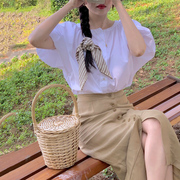 韩国chic夏季小众简约圆领宽松泡泡袖衬衫+高腰单排扣包臀半身裙