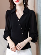 黑色雪纺衬衫女长袖秋季2022设计感气质上衣，时尚洋气时髦小衫
