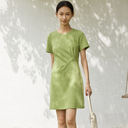 indicia连衣裙绿色短袖纯色裙子，圆领露背2023夏季时尚标记女装