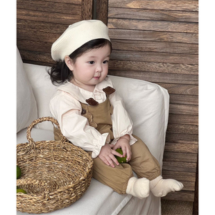 婴幼儿小熊套装春季韩国童装娃娃领衬衫+背带裤男女宝宝休闲2件套