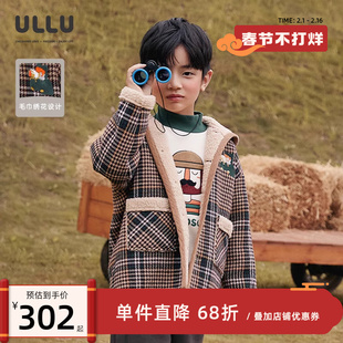 ULLU优露男童中长大衣22冬款趣味绣花复古彩色格子羊羔毛拼接呢