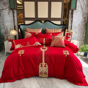 结婚床上用品婚庆家纺，红色中式四件套陪嫁婚房布置长绒棉，十件套