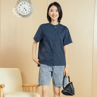 yun韫2023夏季女设计款通勤竖条纹显瘦圆领短袖衬衫上衣