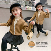 儿童冬装小香风毛衣女童韩版上衣，假两件套针织衫女宝宝半高领毛线