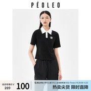飘蕾撞色衬衫女2024夏季POLO领减龄正肩显瘦印花短袖短T恤