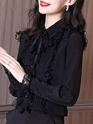 法式黑色长袖蕾丝雪纺，打底衫女春秋2024年荷叶，领洋气减龄上衣