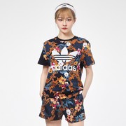 阿迪达斯三叶草运动套装女2021夏季花卉印花短袖T恤GN3353 GN8118