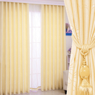 高档纯色半遮光黄色简约窗帘布成品自粘式帘头客厅卧室飘窗