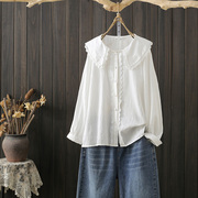 秋季大码200斤韩版洋气娃娃领衬衫，设计感小众，百搭长袖宽松白上衣(白上衣)