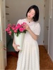 韩国 温柔气质复古背心吊带背心裙+微透立体花朵网纱连衣裙 套装