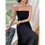 wangxo黑色无袖吊带抹胸连衣裙，女夏季2023设计感长款针织裙子