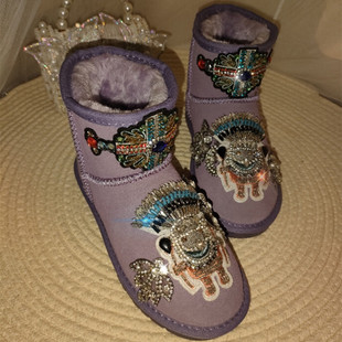 《一池星河》原创非洲酋长满钻时尚雪地靴紫色牛皮保暖小众短靴女