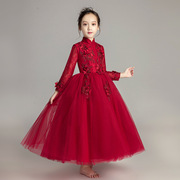 女童长袖公主礼服红色长裙，蓬蓬纱主持生日儿童，婚纱裙钢琴演出秋冬