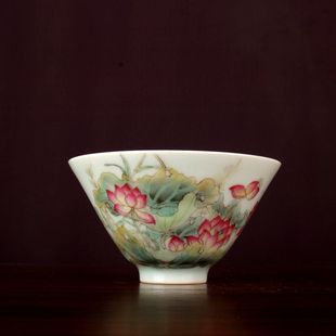 在溪窑粉彩手绘荷花斗笠杯小茶杯景德镇中式复古陶瓷器