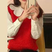 春秋韩系复古洋气减龄设计感甜美花瓣领衬衫红色针织马甲两件套+