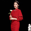 2023新中国红色钉珠，蕾丝流苏斗篷，两件套旗袍礼服裙子新娘敬酒服