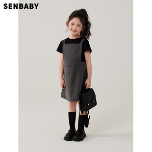 senbaby女童连衣裙洋气夏装女孩，韩版休闲裙中大童，品质西装背带裙