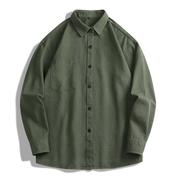 军绿色纯棉衬衫男秋季长袖t恤简约纯色有口袋轻商务休闲衬衣