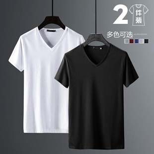 2件纯色V领短袖t恤男士白色低领打底衫潮流半袖v字领体恤衫夏季