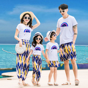 亲子装夏季沙滩裤一家四口家庭装母女，套装海边度假沙滩装情侣t恤