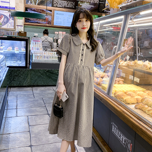 孕妇装夏装时尚娃娃领短袖，格子棉麻连衣裙，2024夏季韩版裙子夏