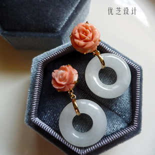 原创缅甸天然翡翠环日本粉红宝石玫瑰银镶嵌耳环复古宫廷优芝设计