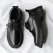 全黑色男鞋冬季青少年西装，大头商务正装休闲英伦，皮鞋运动增高潮鞋